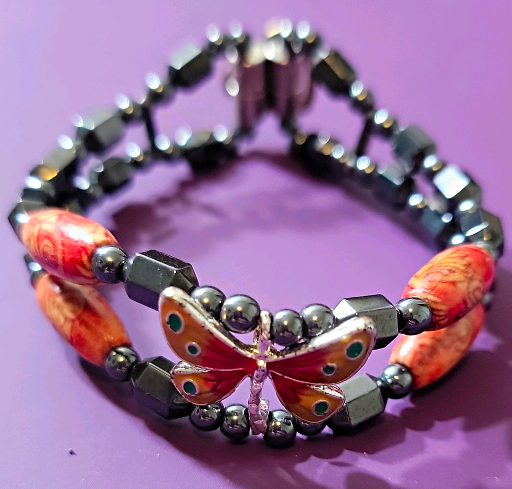 Magnetic Hematite Wrap Bracelet with Butterfly & Heart Charms Boho Stretch